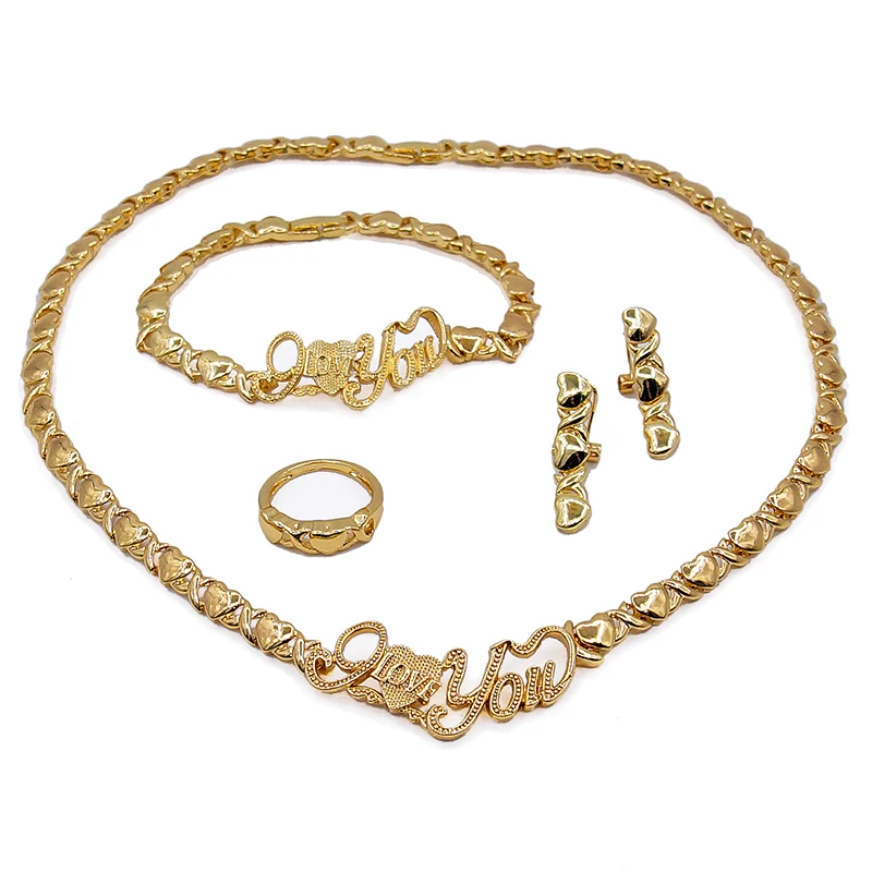 

Dubai Gold Jewelry Set Cute Necklace Earring Bracelet Ring Set African Ladies Fashion Mini Dress Wedding Jewelry Set HM20070514