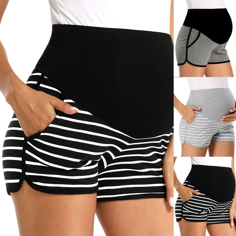 

Summer Patchwork Loose Elastic Waist Shorts Breathable Striped Women High Waist Casual Female Pockets Shorts
