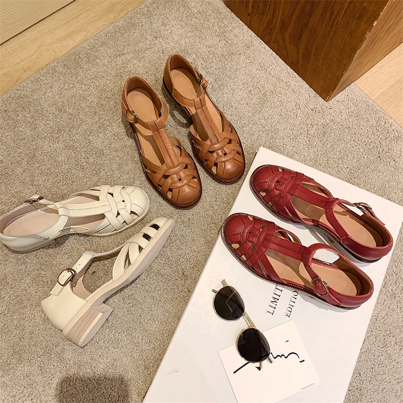 

Meotina Gladiator Sandals Natural Genuine Leather Shoes Med Heel T-Strap Shoes Round Toe Buckle Ladies Footwear Summer Brown