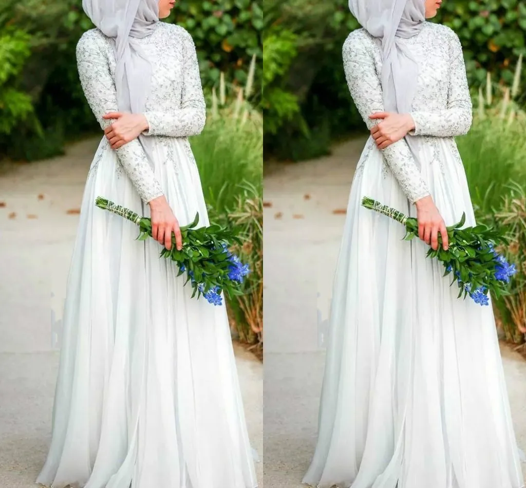 

Muslim Wedding Dresses Hijab Simple White Beaded Crystal High Neckline Long Sleeve Chiffon Islamic Vestido De Noiva Bride Dress