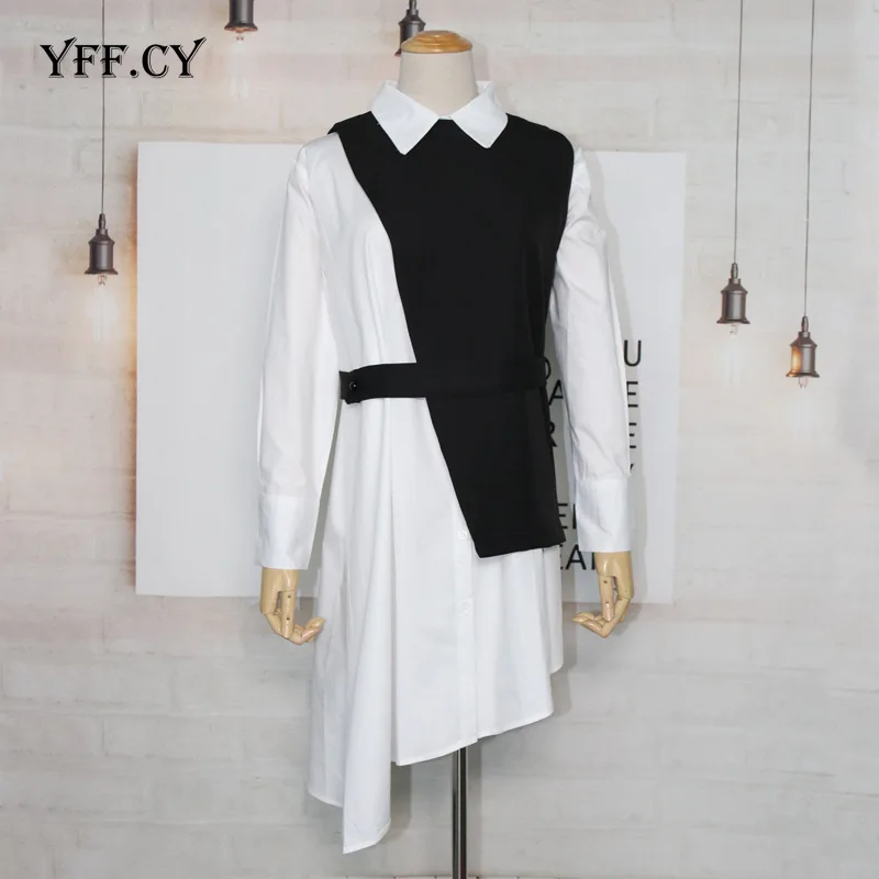 De las mujeres de la moda Streetwear de dos piezas cuello asimétrica de cintura alta, vestido de camisa de manga larga chaleco negro chaleco traje de mujer ropa