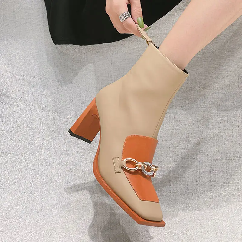 

Новинка 2021, натуральная кожа, искусственная кожа, квадратный носок, высокий каблук, обувь на блочном каблуке, украшение из металла, женская о...