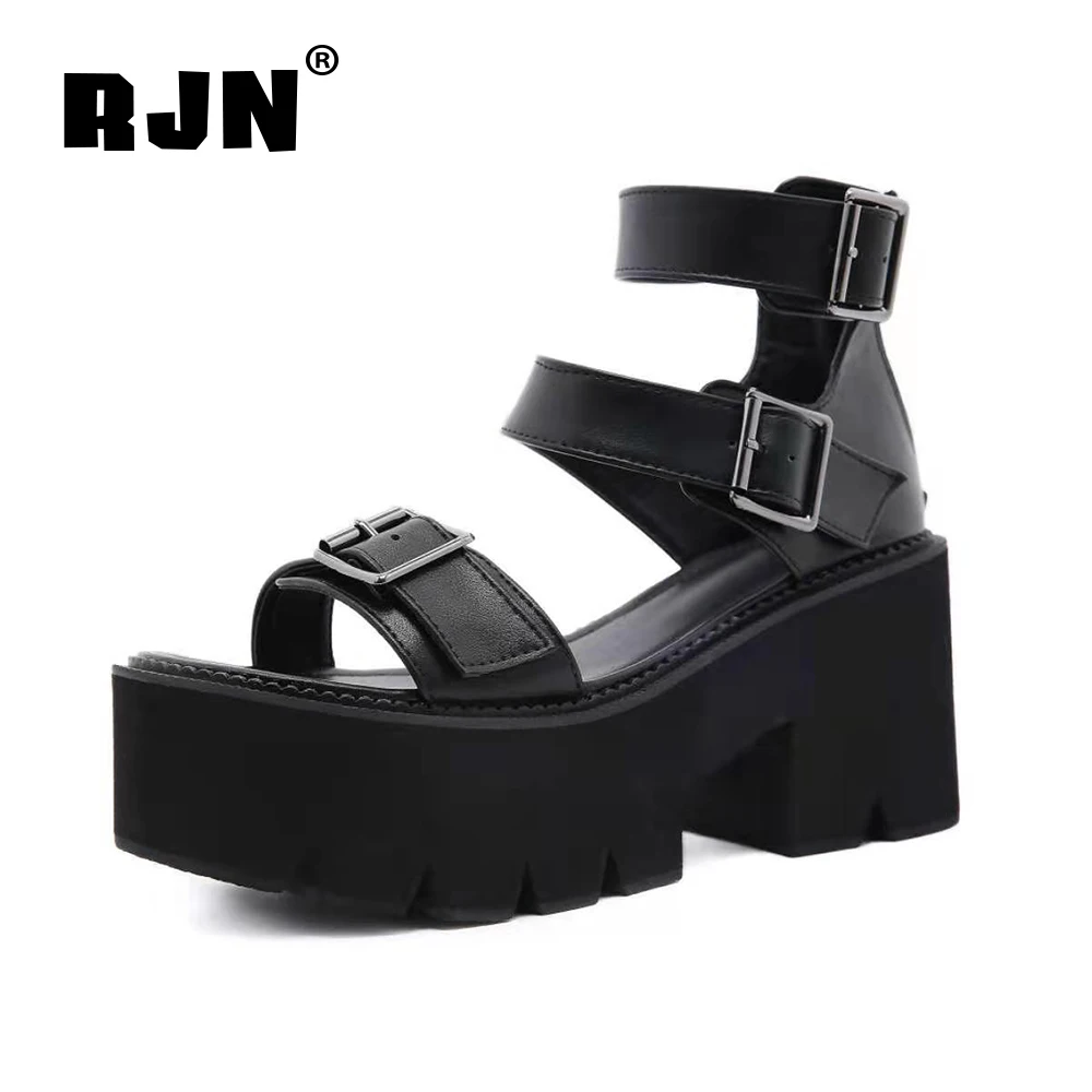 

RJN 2021 Summer New Black Women's Sandals Fashion Belt Buckle Strap Modern Sandals Super High 8CM Thick Heel Ladies Shoes RL1