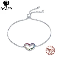 bisaer 2021new silver 925 jewelry colorful zircon heart rainbow love chain bracelet for women fine jewelry festival gifts ecb216