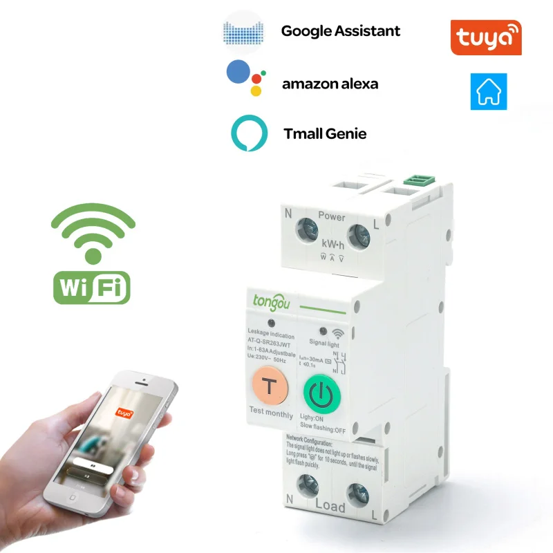 

New Single Phase WIFI Smart Energy Meter Kwh Metering Monitoring Circuit Breaker Timer Relay With Leakage Protection 63A Ewelink
