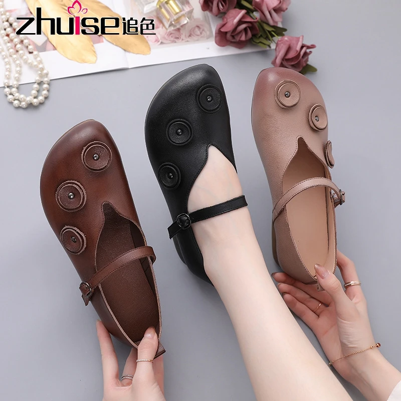 Новинка осени 2020 года Кожаные женские туфли в этническом стиле ретро Тонкие