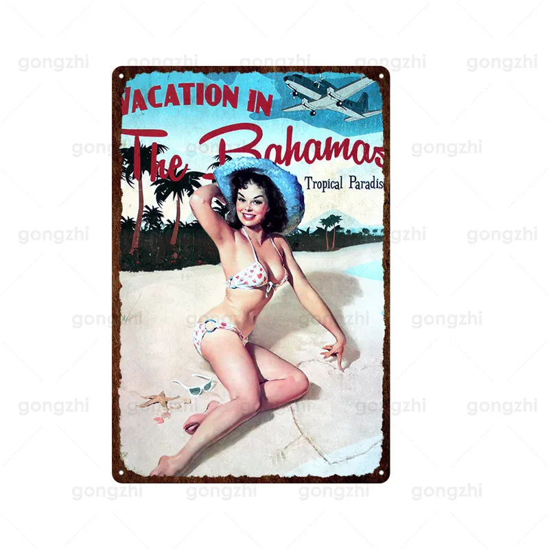

2020 Hot Sale Perfect Body Sexy Lady Bikini Cute Action Custom-Made Metal Material Plaque Decoration Tin Painting