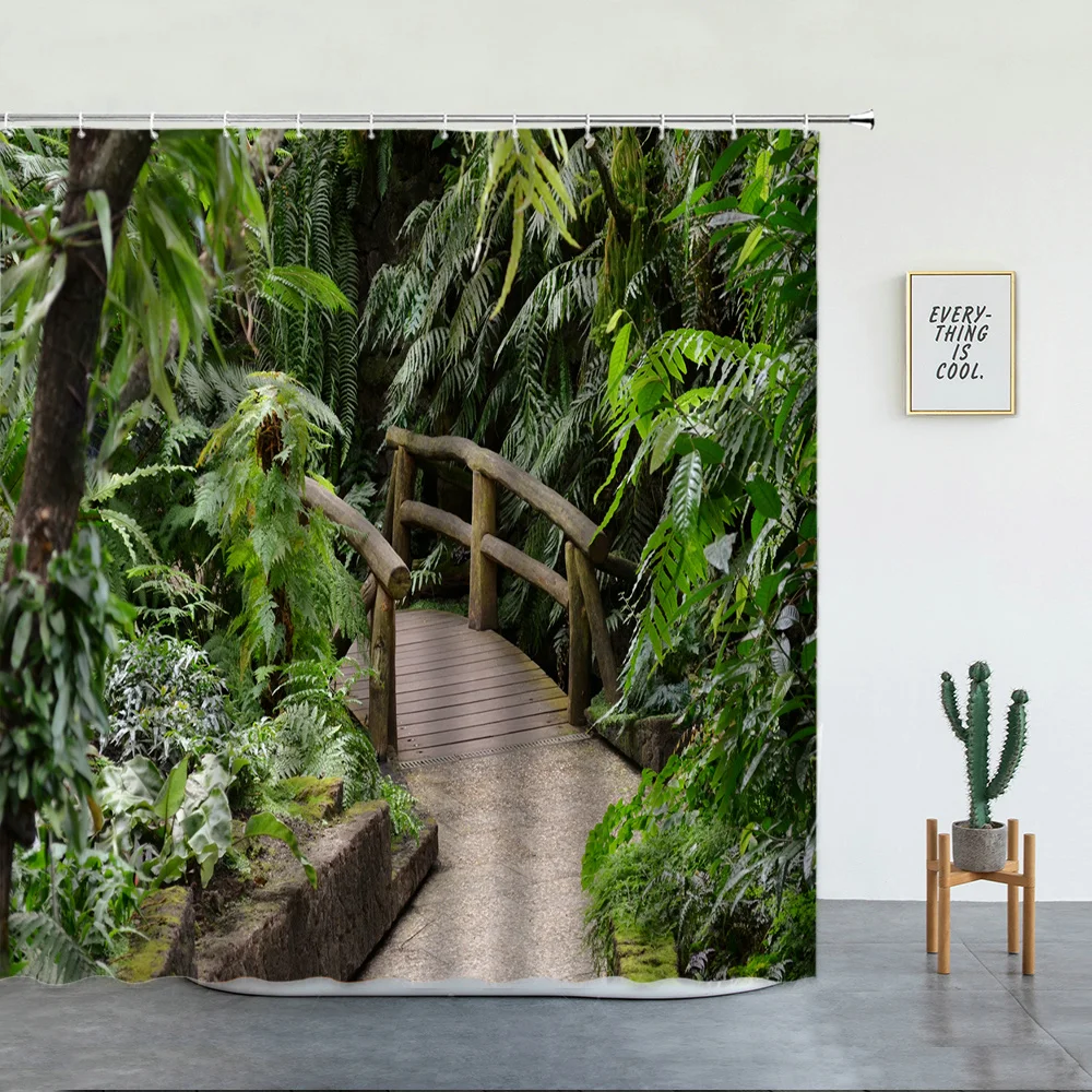 

Forest Wooden Bridge Landscape Shower Curtains Set Tropical Jungle Pattern Wall Hanging Bathroom Decor Bathtub Screen With Hooks