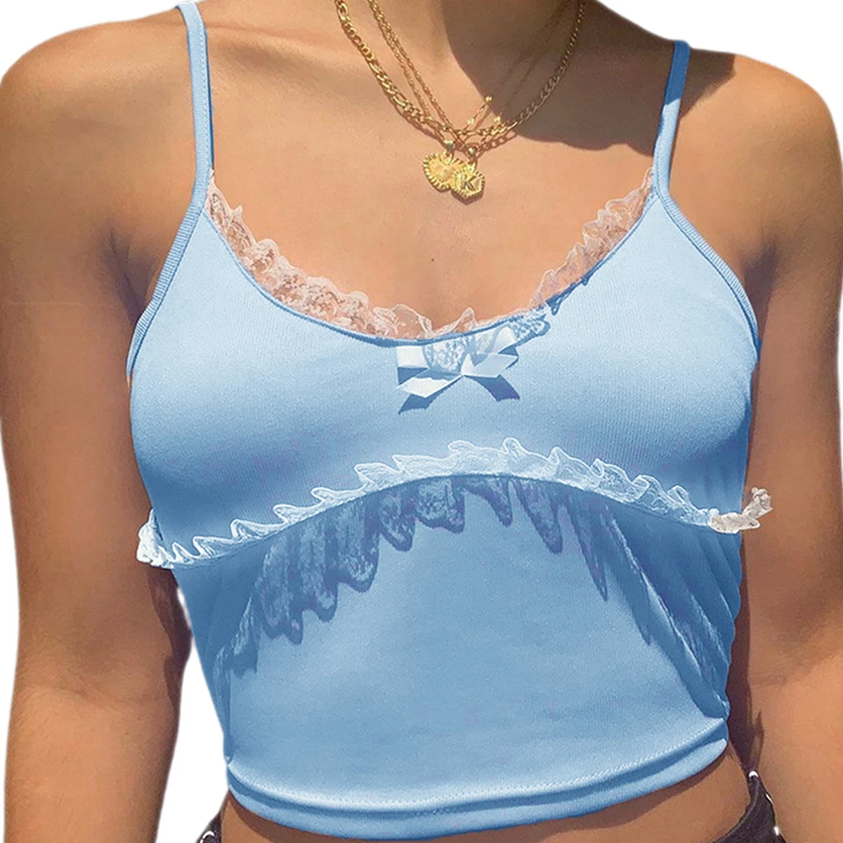 

Women's Cropped Shirt, Sling Top, Elastic Party Deep Neck Lace Ruffle Summer Clothes