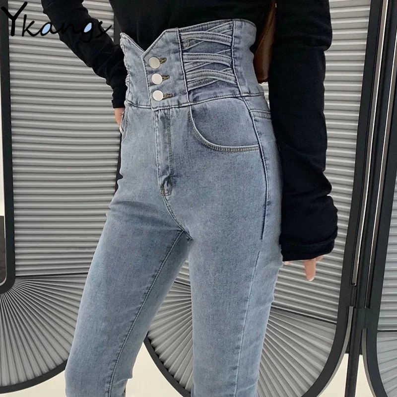 

Эластичные женские джинсы-карандаш с завышенной талией и пуговицами, эластичные облегающие джинсовые брюки-стрейч в Корейском стиле, модны...