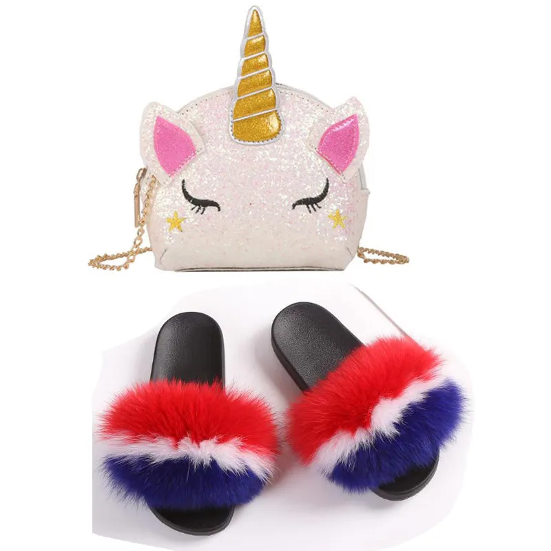 Меховые шлепанцы для женщин милые Мультяшные сандалии желе с единорогом меховые
