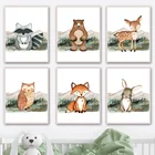 Картина на холсте с изображением енота, кролика, лисы, совы, травы, горы, мальчика, малыша, постеры и принты в скандинавском стиле, настенные картины, декор детской комнаты