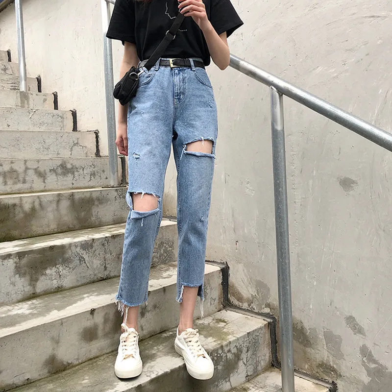 

S-XL spring and autumn korean chic style women denim pants high waist ripped jeans for womens (78163)