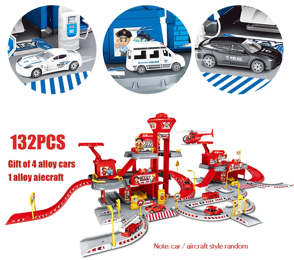 3D City Police Station Railway Alloy Car Play Engineering Fire Truck Track Car DIY Model Building Kits Assembly toys for kids