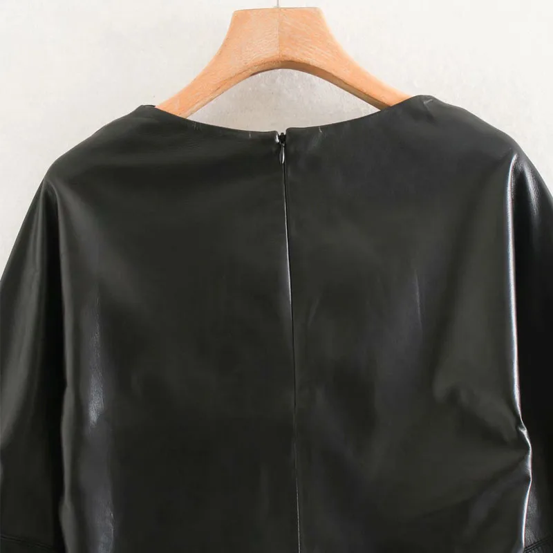 

Vintage Faux Leather Round Neck Long Sleeve Pullover Jacket Coat Women's PU Fashion Female Chic Tops