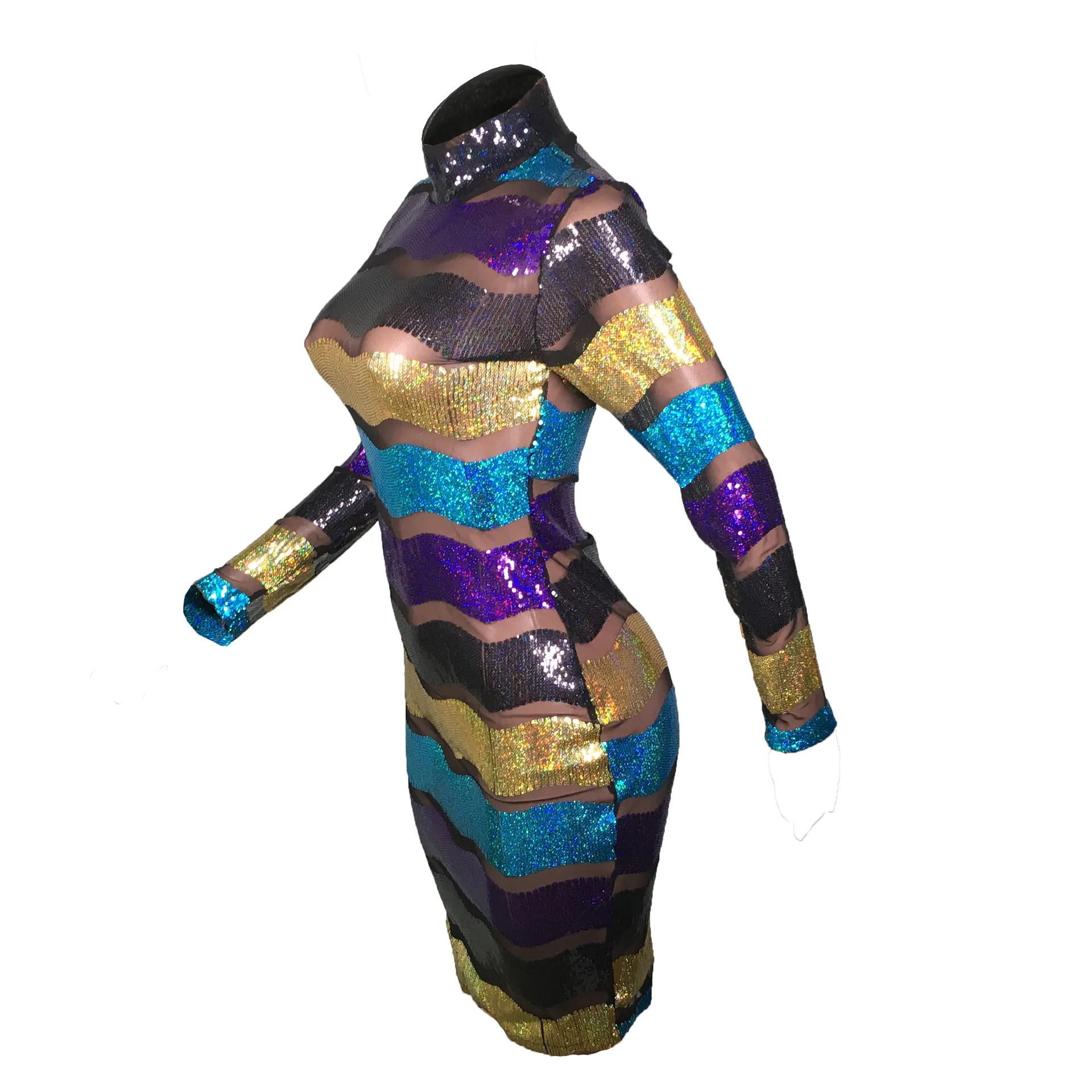 

Party Clubwear Perspective Mesh Patchwork Sexy Night Club Party Dress with Plasitc Sequins Long Sleeve Stripes Skinny Dresses
