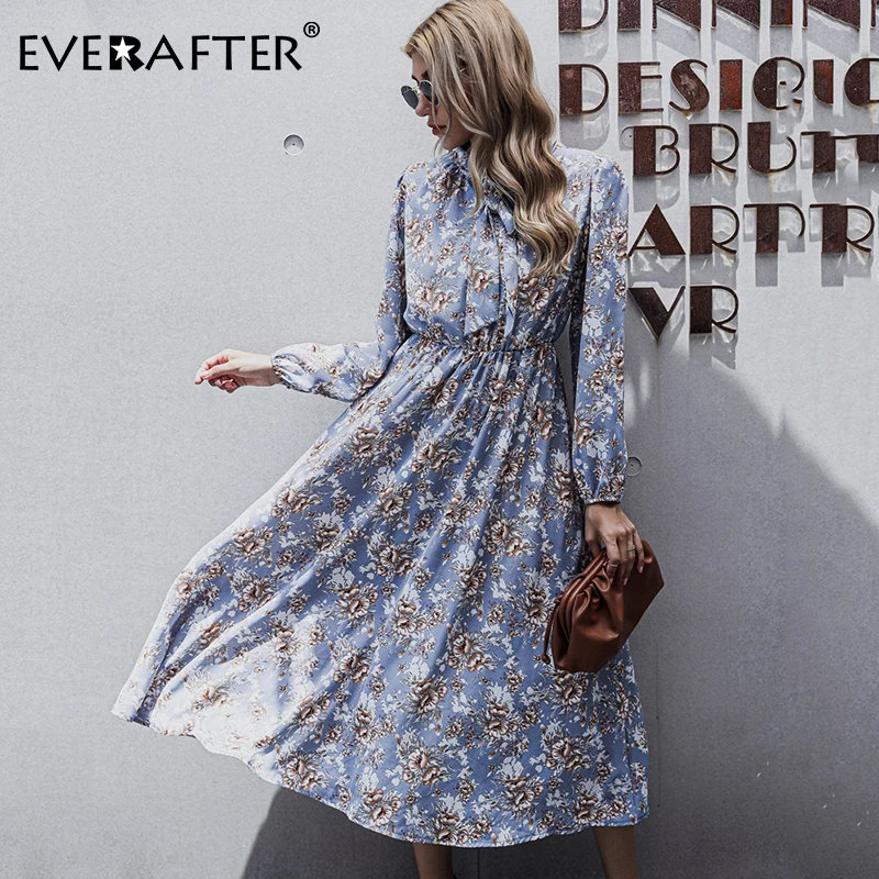 

EVERAFTER Vintage Floral Print Boho Dress Women Long Sleeve Lace Up High Waist Work Wear Office Ladies Party Midi Dress Vestidos