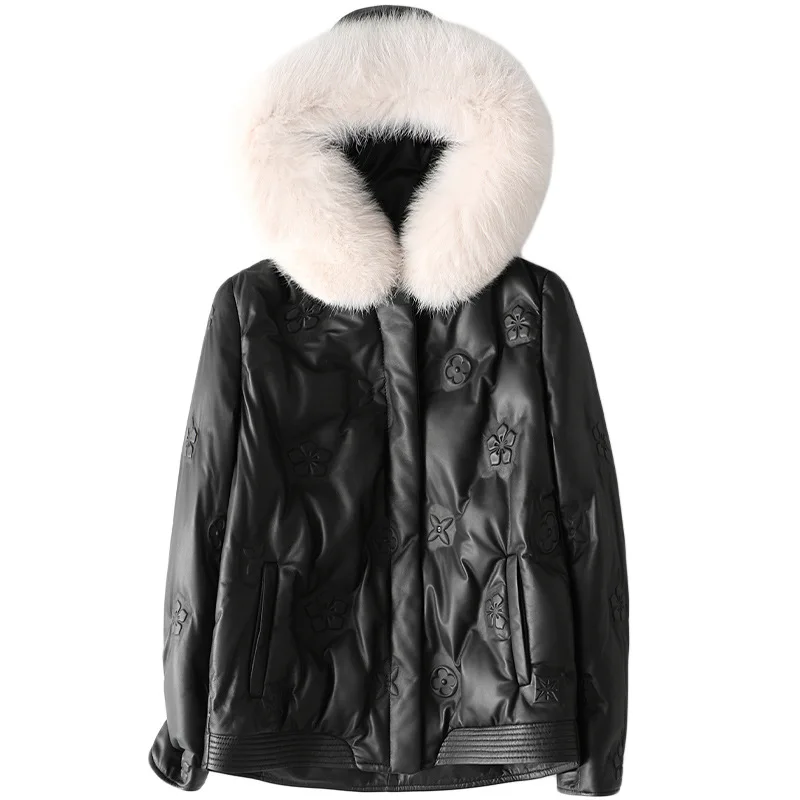 Fall Fashion Fox Collar Hooded Leather Down Jacket Women Casual Sheepskin Coat Winter Warm Thick High Quality Genuine Fur Jacket