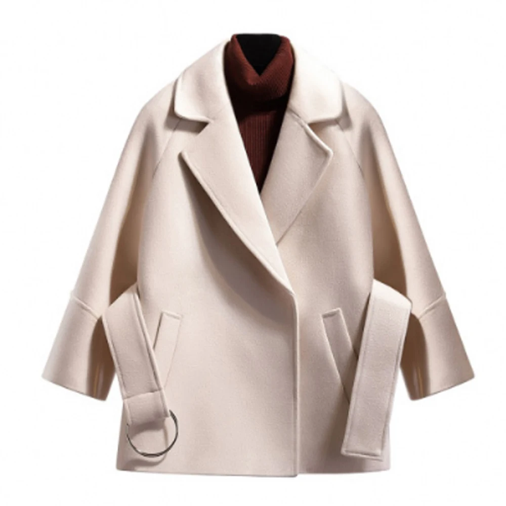 

Женская шерстяная куртка, Корейская шерстяная куртка с лацканами на талии, осенние свободные топы с длинным рукавом, однотонная универсаль...