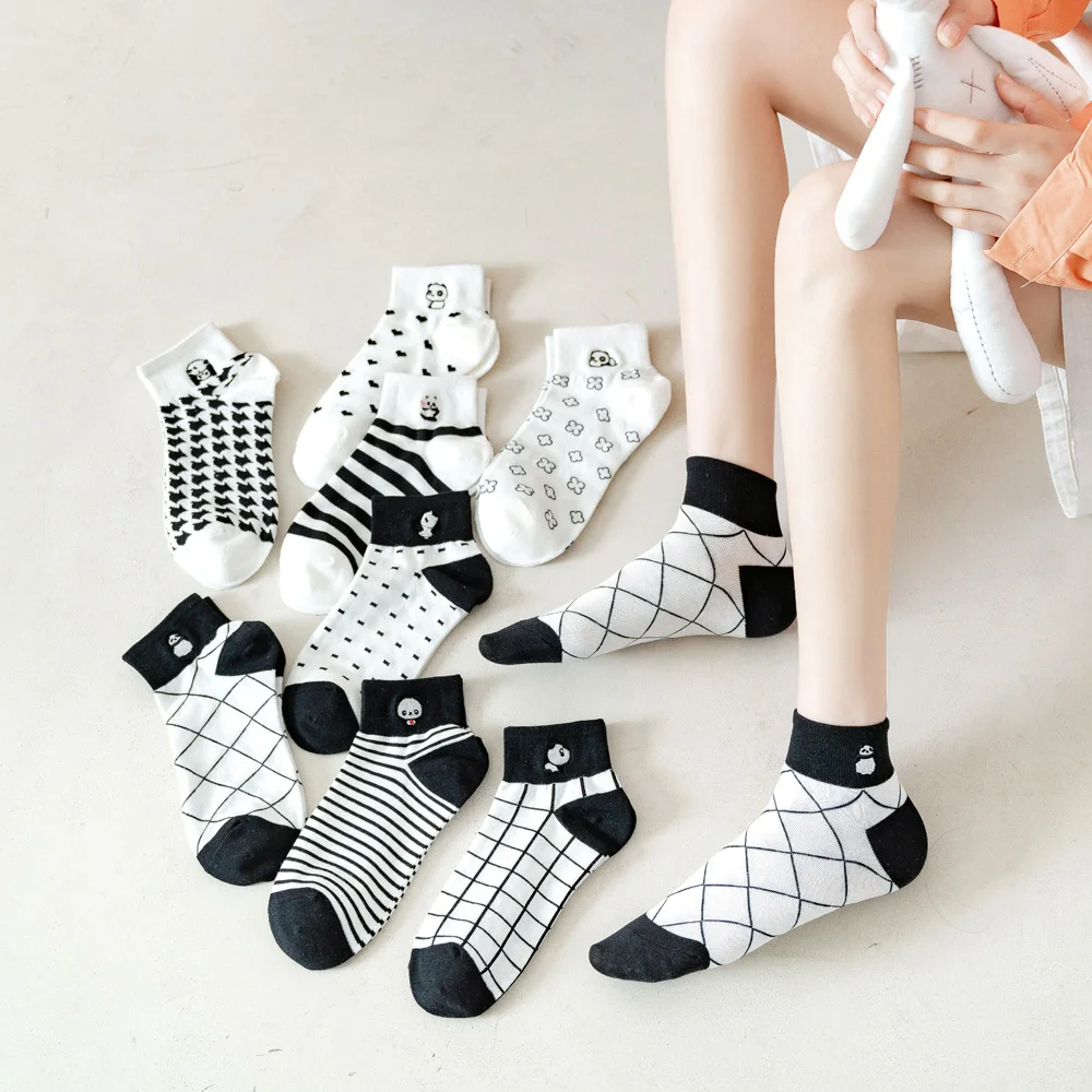 

Instime 5 Pairs/Set 2021 New Style Low Crew Socks Women Cotton Cute Panda White Black Kawaii Stripes Lattice Size 35-40