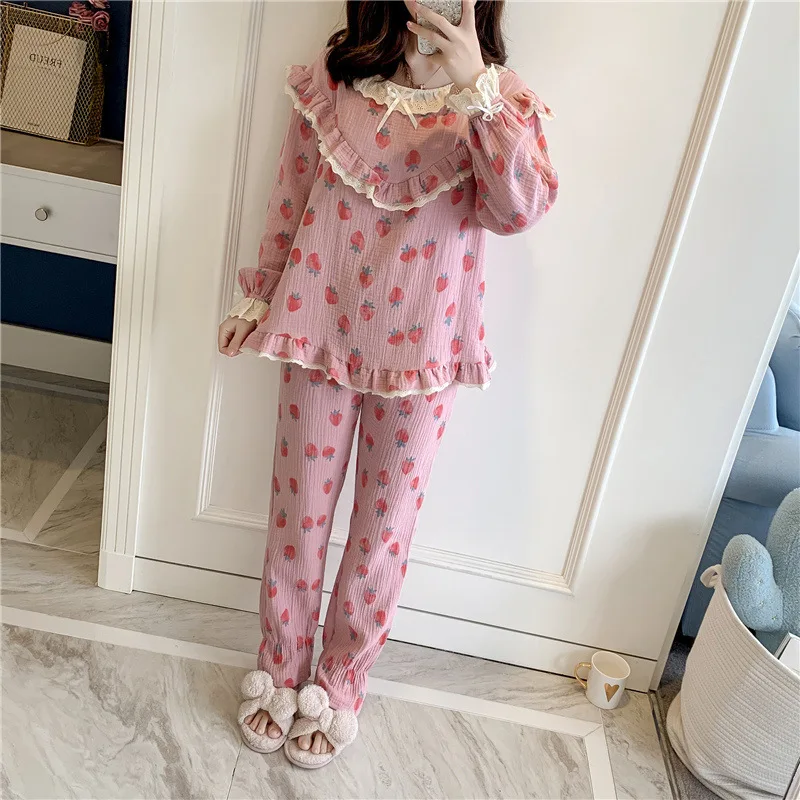 Осенний пижамный комплект из чистого хлопка с длинными рукавами кружевные милые