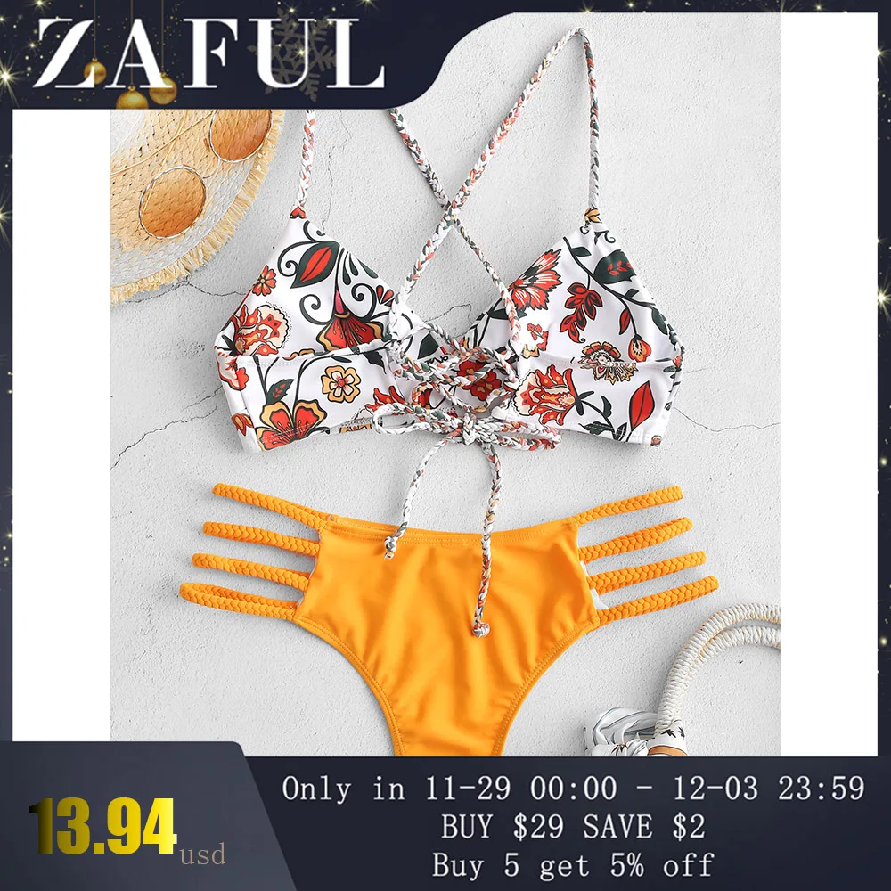 ZAFUL низкая талия праздник крест-накрест комплект бикини бюстгальтер на шнуровке и трусы сексуальный эластичный провод купальники цветок Плетеный мягкий