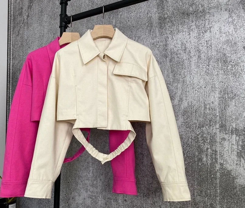

2020 Autumn Street Fashion Lapel Fake Pocket Slim Cut-out Workwear Short Jacket