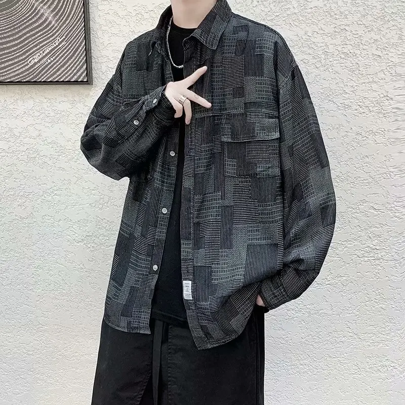 Мужская рубашка в клетку с длинным рукавом Корейском стиле большие размеры