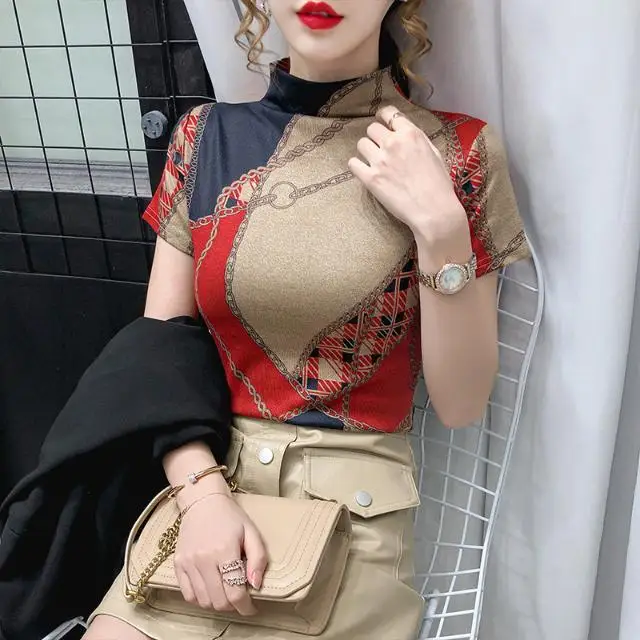

Half-turtleneck t-shirt 2021 Spring and autumn new short-sleeved jacket wearing a pattern shirt