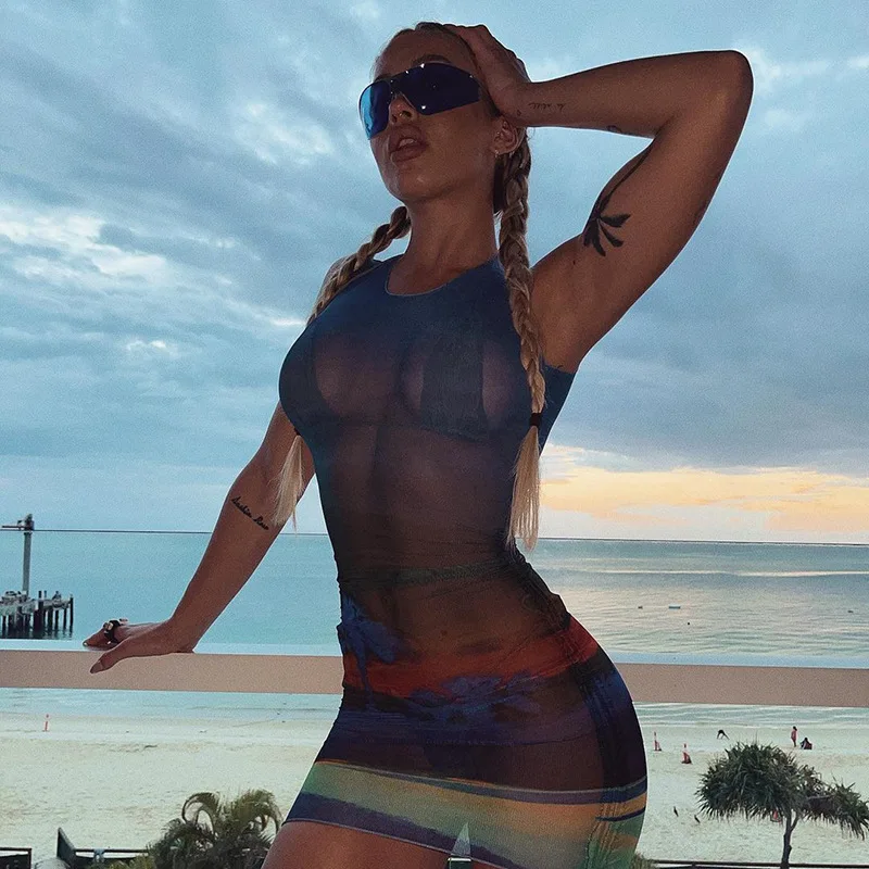 

BIIKPIIK Print Women Summer Dress Skinny Beach Vacation Outifits O-Neck Casual Mini Dresses Female Mesh See Through Clubwear