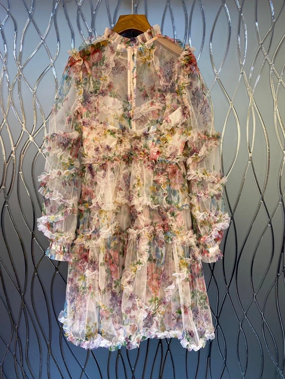 

2021 spring and summer new women's round neck ear irregular stitching printing perspective long sleeve fashion dress 315