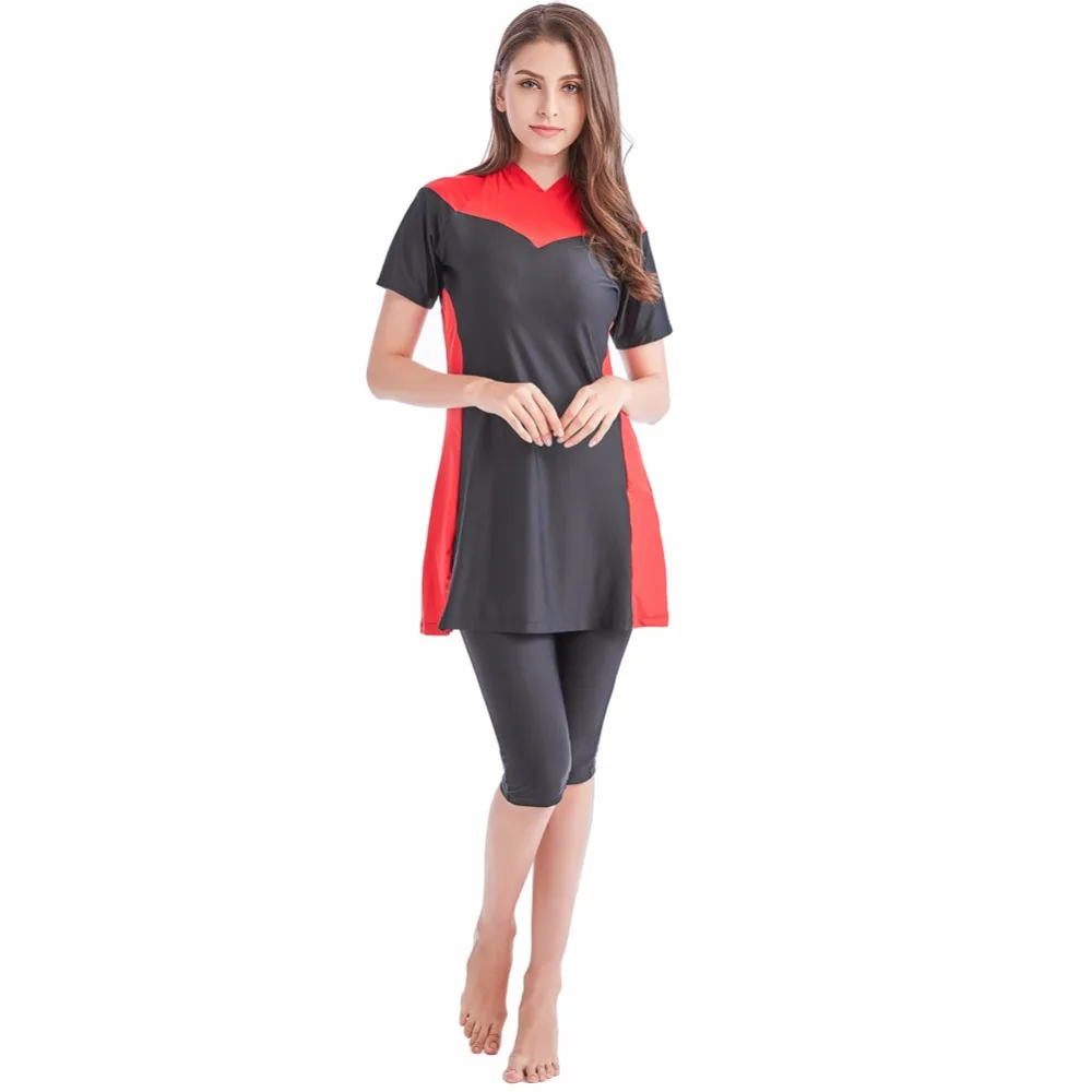 

Plus Size Muslim Swimwear Women Modest Patchwork Full Cover Short Sleeve Swimsuit Islamic Hijab Islam Burkinis Wear Bathing Suit