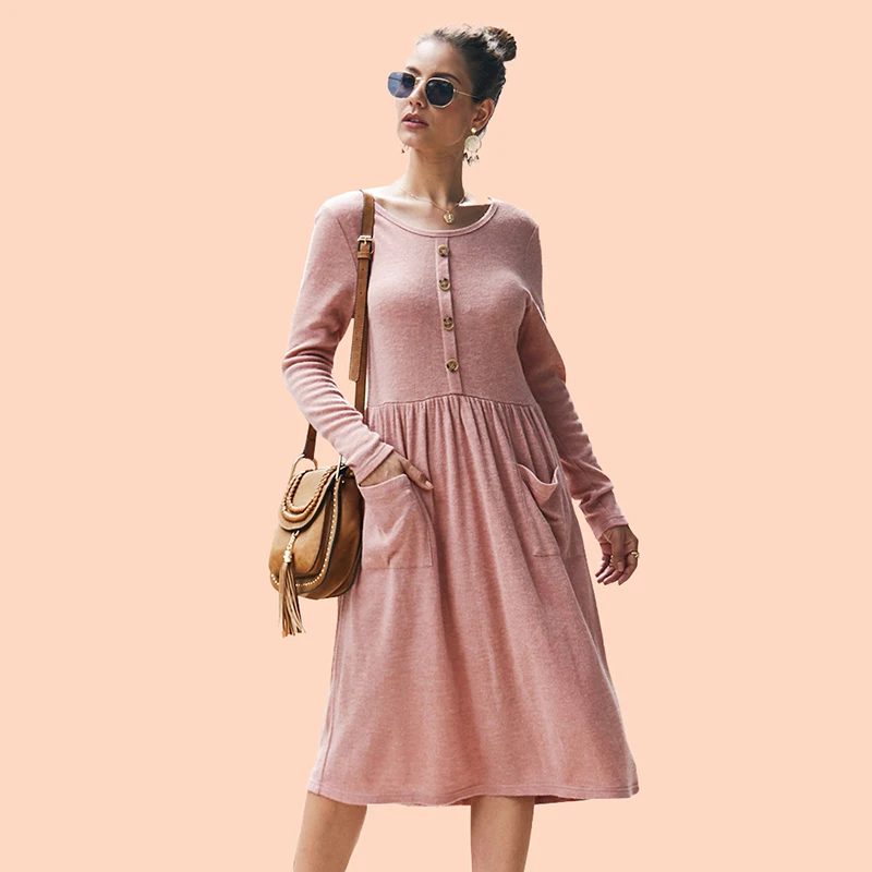 Осеннее трикотажное платье женское повседневное с длинным рукавом а-силуэта