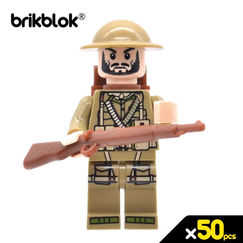 50p rifle Лот 20/50/100 WW2 UK войска, армейская куртка фигурки военных w/Пистолеты рюкзаки конструкторных блоков, Детские кубики, игрушки - Цвет: 50p rifle