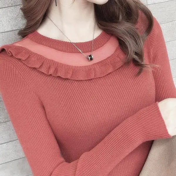 

Female Autumn Winter Knit Sweater Women Slim-fit Sweater Long-Sleeved O-neck Mesh Ruffled Pullover Tight-fitting Bottoming Shirt