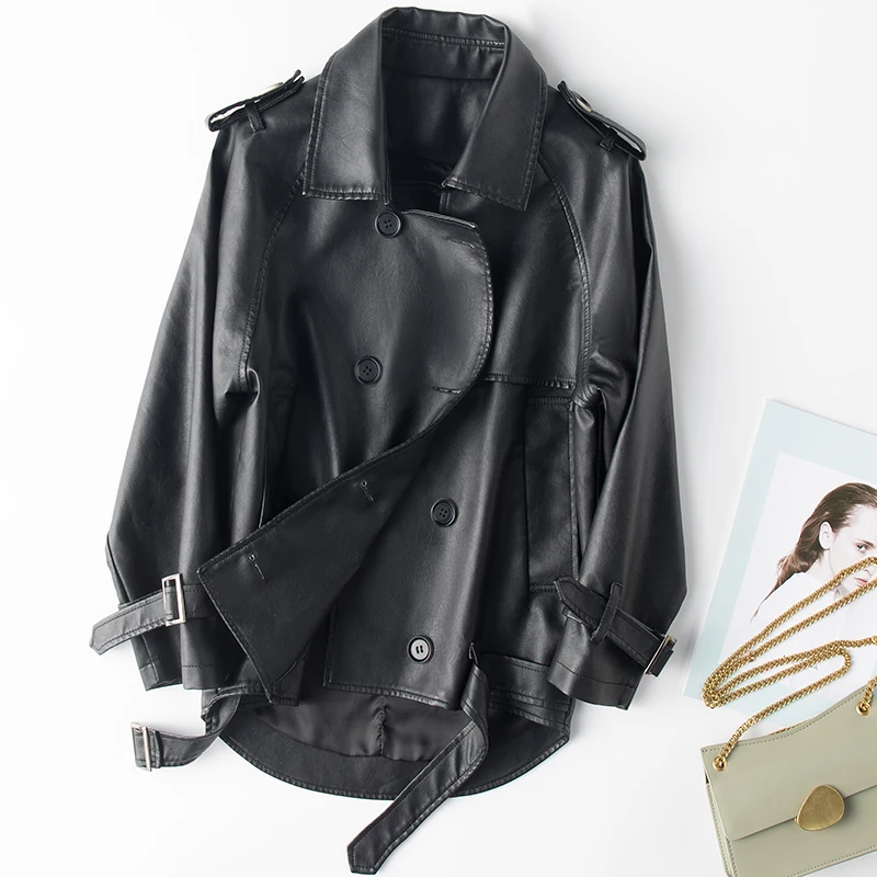 Lautaro Черный плащ из искусственной кожи для женщин с рукавом реглан 2020 модная