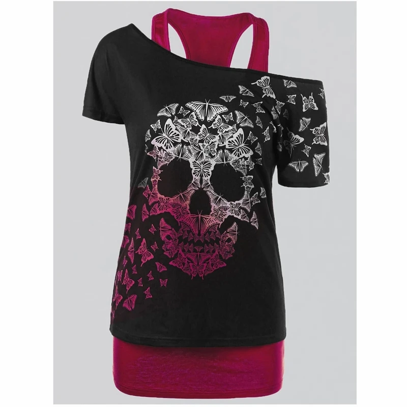 

Lugentolo Skull Tank Top Women Summer Fashion Slim Oblique Shoulder Print Racer Tank Tops Plus Size Streetwear