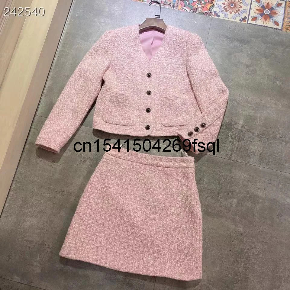 

New HIGH STREET Newest 2021 Winter Designer Runway Suit Set Women's Single-Breasted V-Neck Blazer + Mini Skirt Pink Suit