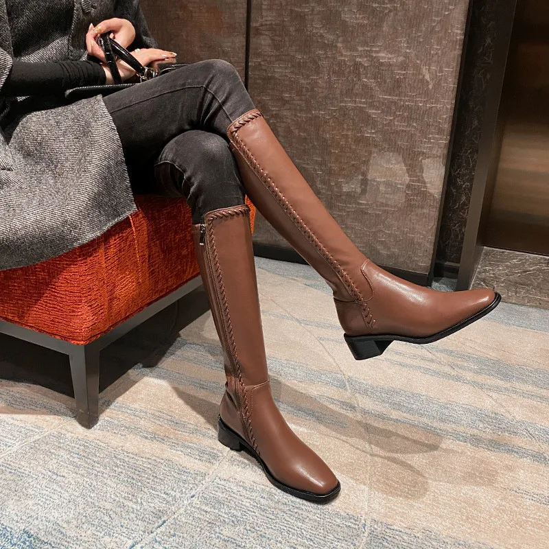 

MoonMeek 2021 New Arrival Winter Women Boots Med Heels Square Toe Black Brown Color Knee High Boots Top Quality Ladies Shoes