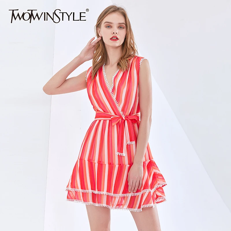 

TWOTWINSTYLE Striped Red Dress For Women V Neck Sleeveless High Waist Lace Up Bowknot Midi Summer Dresses Female Fashion New