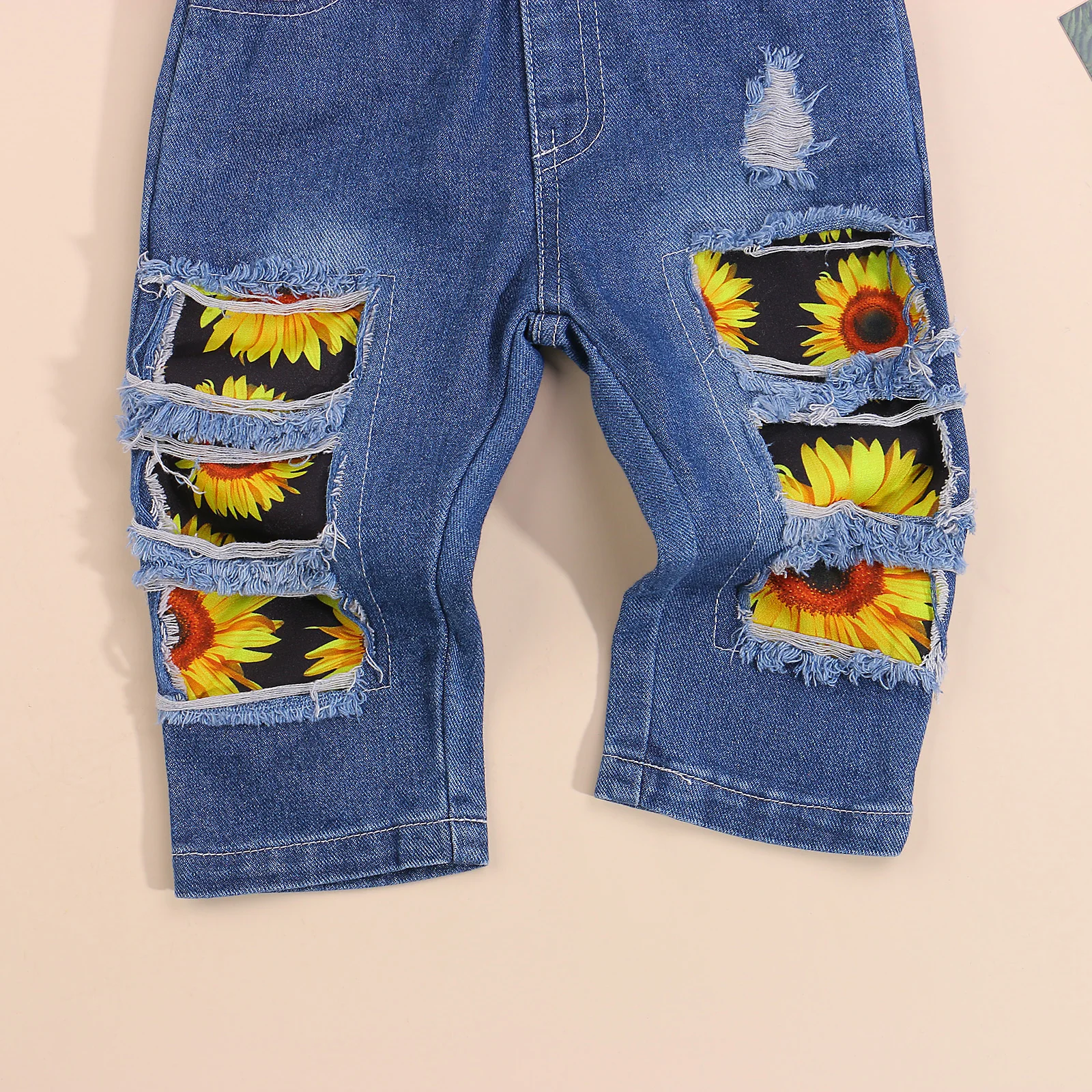 2021 0-3Y Casual Kids Baby Girl Clothing Set Sunflower Print Off Shoulder Long Sleeve Top+Patch Denim Pants Autumn 2pcs | Детская одежда