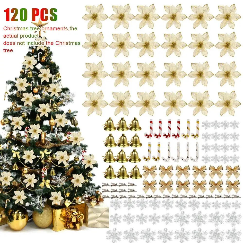 

120pcs Christmas Tree Pendants Plastic Flower Simulation Flower Set Pendant Hanging Ornaments Crafts Xmas Artificial Flowers