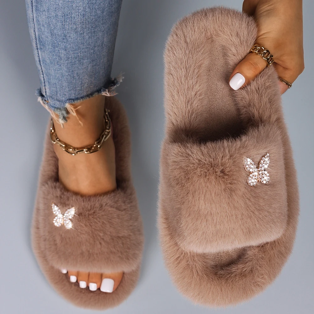 Women's Slippers Fluffy Flip Flops Designer Butterfly Decor Faux Fur Slides Platform Fur Sandals Fashion Slippers Casual Shoes