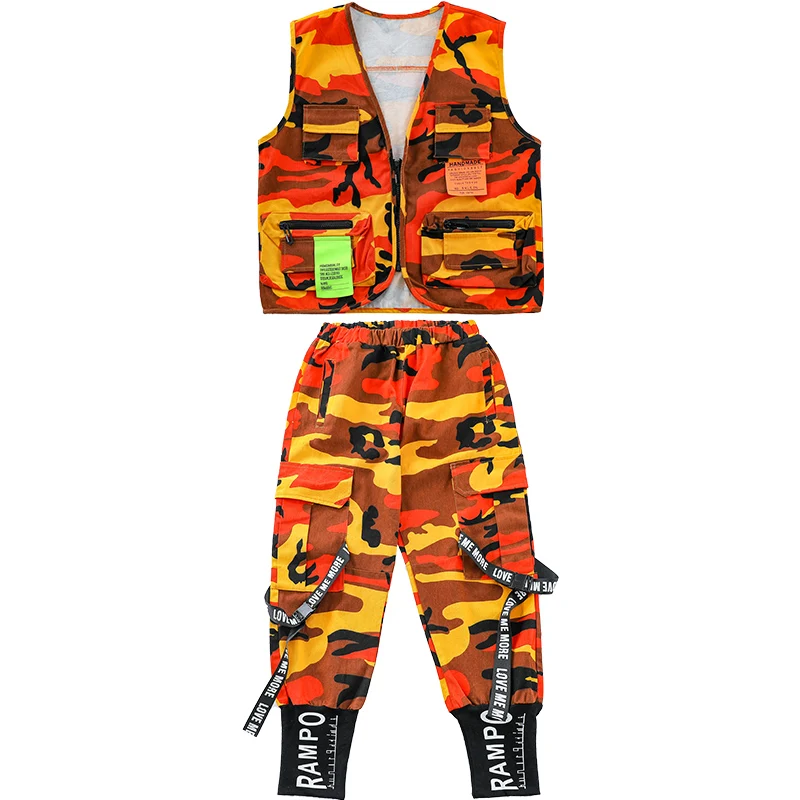 

2021 Hip Hop Dance Costume Boys Orange Camouflage Vest Pants Modern Ballroom Dance Wear Girls Jazz Performance Clothing Rave