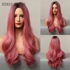 Женские синтетические парики с эффектом омбре henmargu, розовые, красные, розовые длинные волнистые натуральные парики для косплея средней части, термостойкие волосы для вечеринки