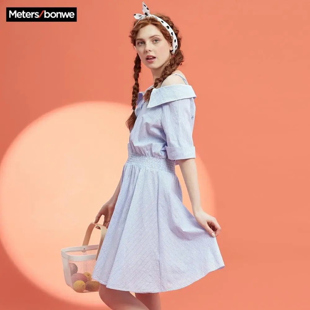 Женское винтажное платье на пуговицах Metersbonwe летнее Хлопковое с коротким рукавом