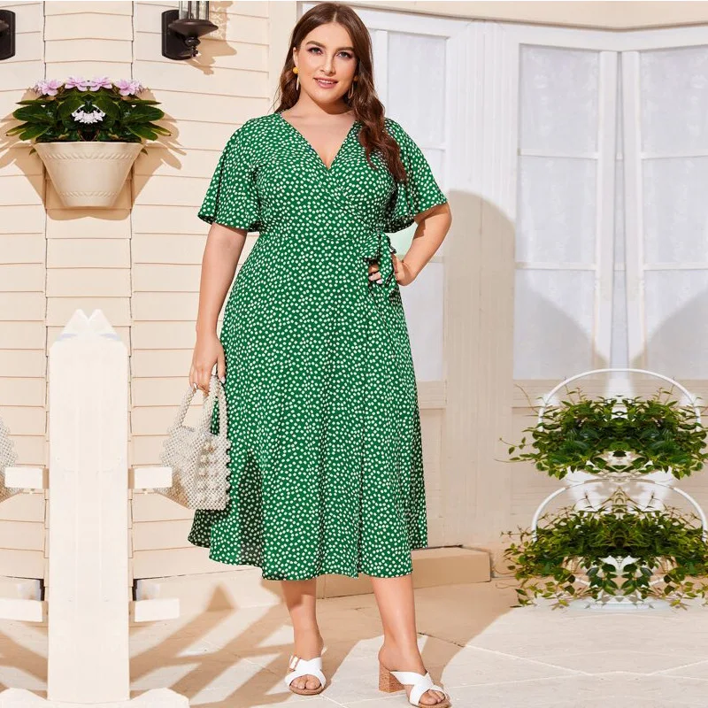 

Summer Fashion Polka Dot Floral Plus Size Womens Sexy V-neck Loose Tie Bowknot Dress Beach Skirt Long Skirt Daily