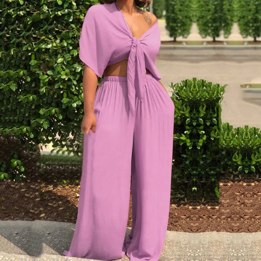 

2021 Women Wide Leg Pants Bandage Lace Up Crop Top 2 Piece Set For Female Women V-Neck Short Sleeve Two Piece Set Women'S Suits
