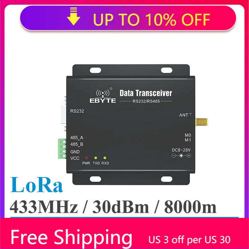 

SX1278 433Mhz Lora Wireless Data Transmitter Transceiver RS232 RS485 30dBm 8Km 0.3k~19.2kbps E32-DTU(433L30) Wireless Modem