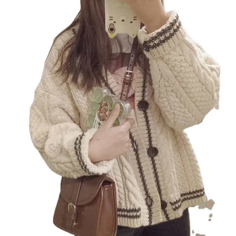 

New Autumn Knited Sweater Women College Single Breasted Long Sleeve Contrast Color V-neck Knitted Cardigan Sweaters Student